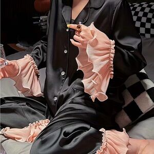 Women’s Satin Pajama Set with Pink Ruffle Trim
